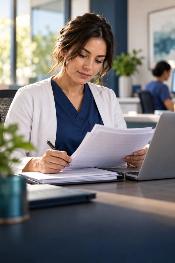 Medical billing professional reviewing claim documents